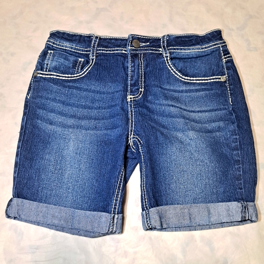 Red Camel Girls Embroidered Stretch Denim Shorts Girls 14 Blue w White Stitching